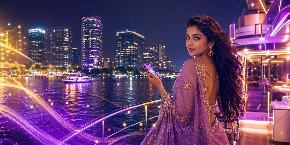 ঢাকায় নিয়নবাতির আলোয় মোবাইলে পেমেন্ট করছেন একজন ব্যবহারকারী